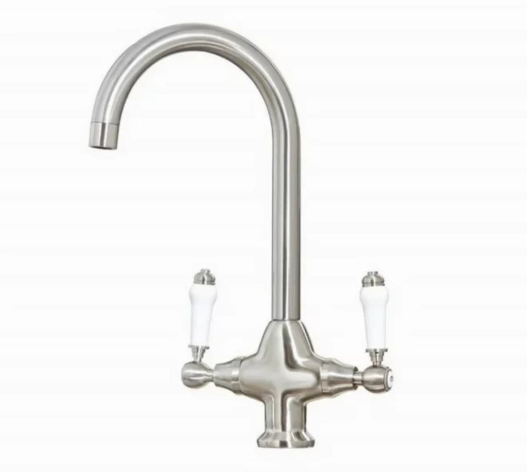 Imperial Twin Lever Traditional Style Swan Neck Mono Bloc Tap - Brushed Nickel with White Levers