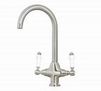 Imperial Twin Lever Traditional Style Swan Neck Mono Bloc Tap - Brushed Nickel with White Levers