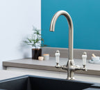 Imperial Twin Lever Traditional Style Swan Neck Mono Bloc Tap - Brushed Nickel with White Levers