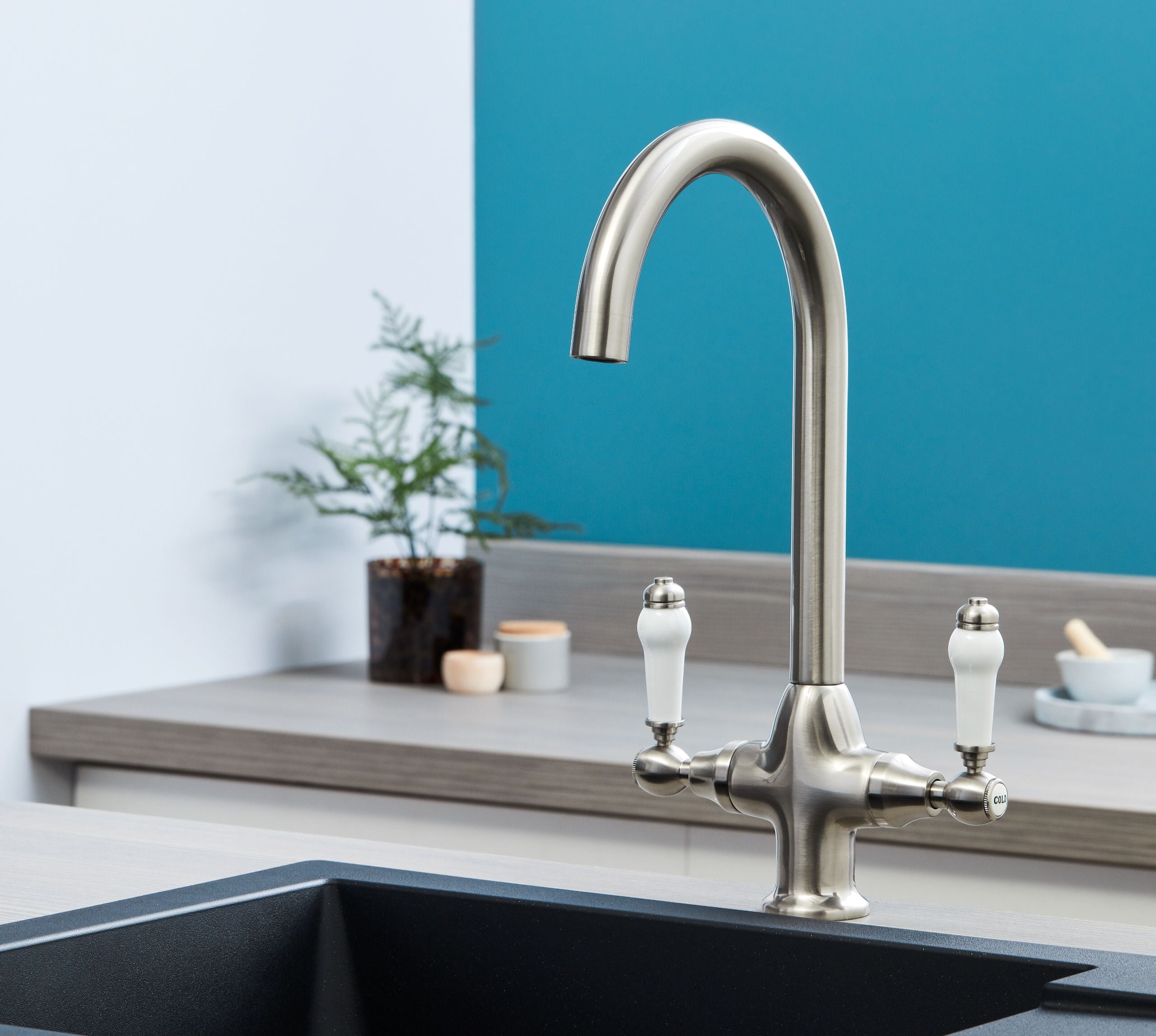 Imperial Twin Lever Traditional Style Swan Neck Mono Bloc Tap - Brushed Nickel with White Levers