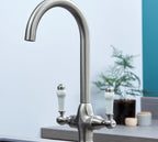 Imperial Twin Lever Traditional Style Swan Neck Mono Bloc Tap - Brushed Nickel with White Levers