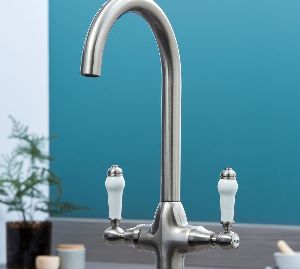 Imperial Twin Lever Traditional Style Swan Neck Mono Bloc Tap - Brushed Nickel with White Levers