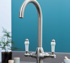 Imperial Twin Lever Traditional Style Swan Neck Mono Bloc Tap - Brushed Nickel with White Levers