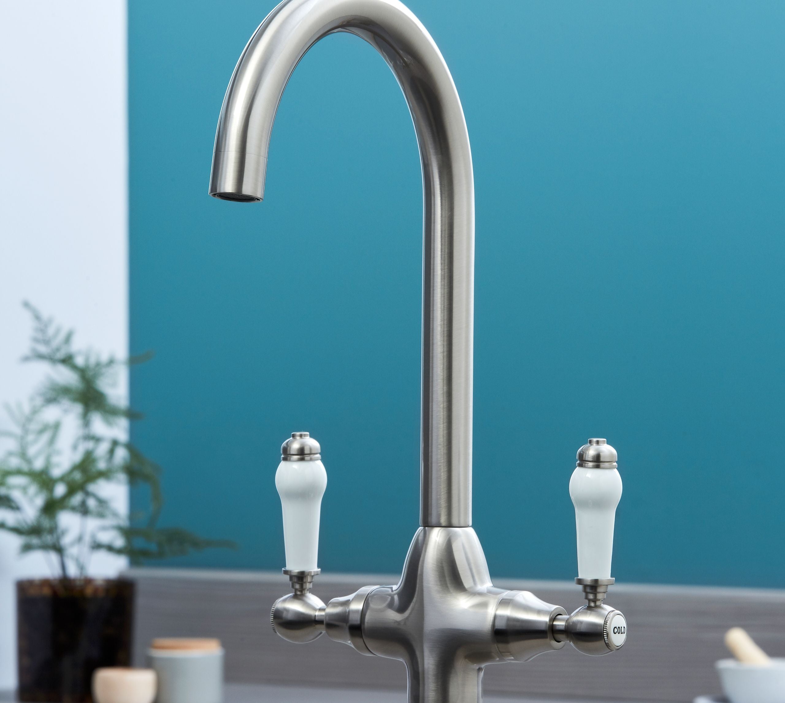 Imperial Twin Lever Traditional Style Swan Neck Mono Bloc Tap - Brushed Nickel with White Levers