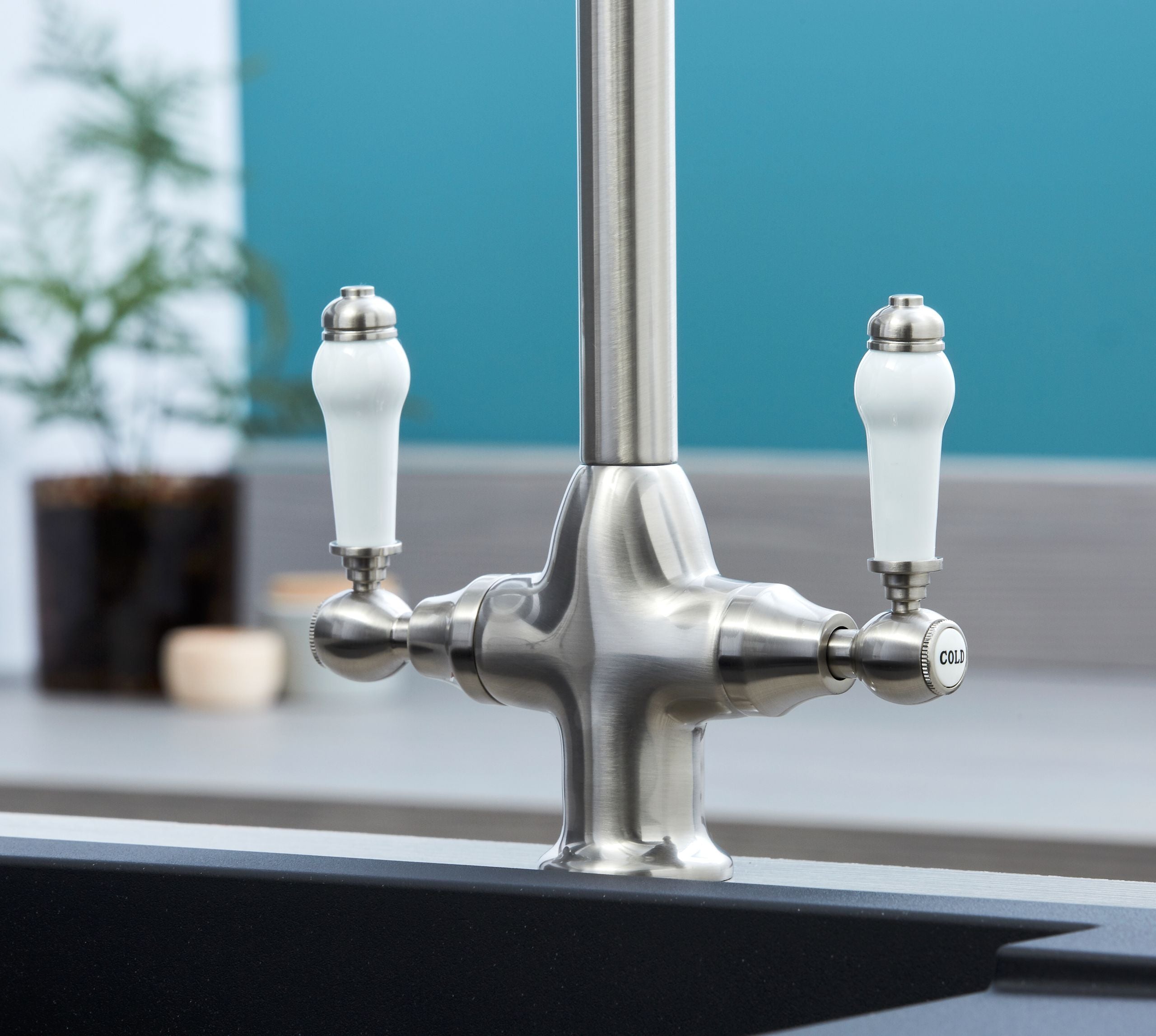 Imperial Twin Lever Traditional Style Swan Neck Mono Bloc Tap - Brushed Nickel with White Levers