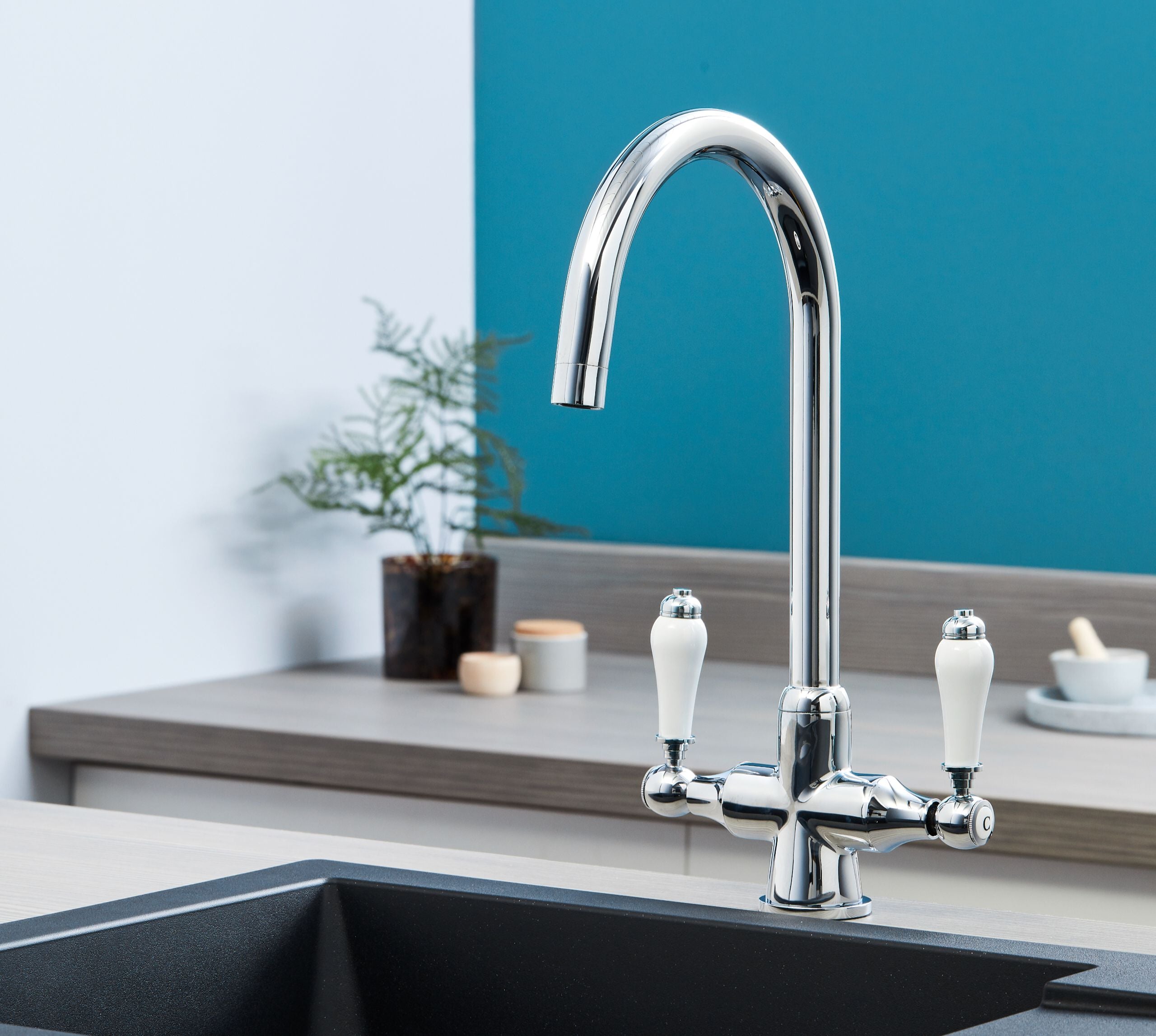 Imperial Twin Lever Traditional Style Swan Neck Mono Bloc Tap - Chrome with white handles