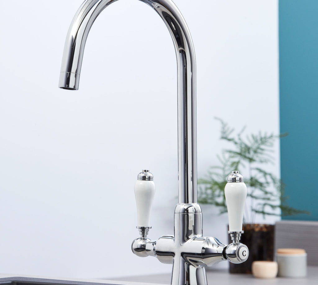 Imperial Twin Lever Traditional Style Swan Neck Mono Bloc Tap - Chrome with white handles