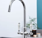Imperial Twin Lever Traditional Style Swan Neck Mono Bloc Tap - Chrome with white handles