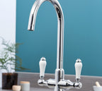 Imperial Twin Lever Traditional Style Swan Neck Mono Bloc Tap - Chrome with white handles