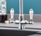 Imperial Twin Lever Traditional Style Swan Neck Mono Bloc Tap - Chrome with white handles
