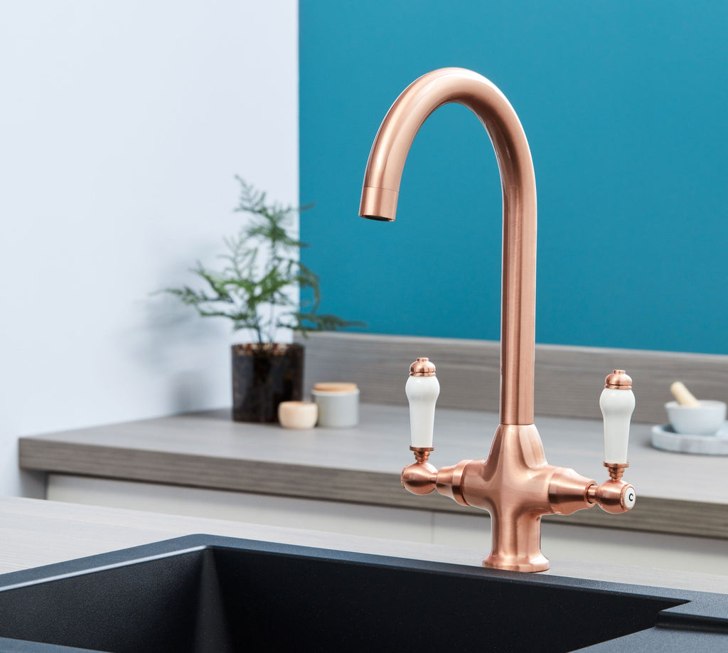 Imperial Twin Lever Traditional Style Swan Neck Mono Bloc Kitchen Tap - Copper with White Handles