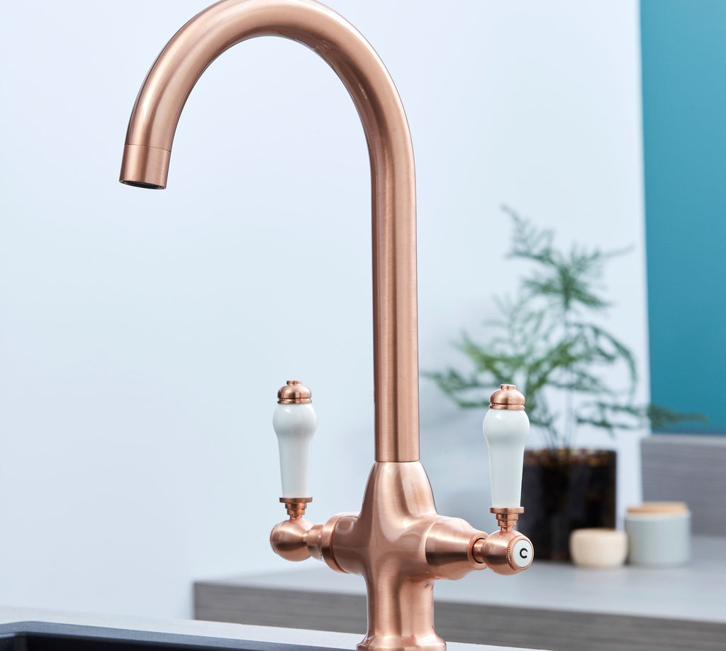Imperial Twin Lever Traditional Style Swan Neck Mono Bloc Kitchen Tap - Copper with White Handles