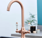 Imperial Twin Lever Traditional Style Swan Neck Mono Bloc Kitchen Tap - Copper with White Handles
