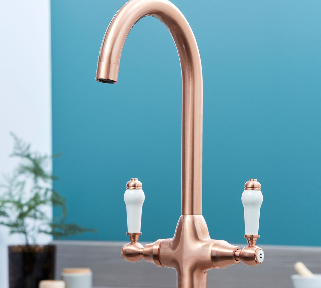 Imperial Twin Lever Traditional Style Swan Neck Mono Bloc Kitchen Tap - Copper with White Handles