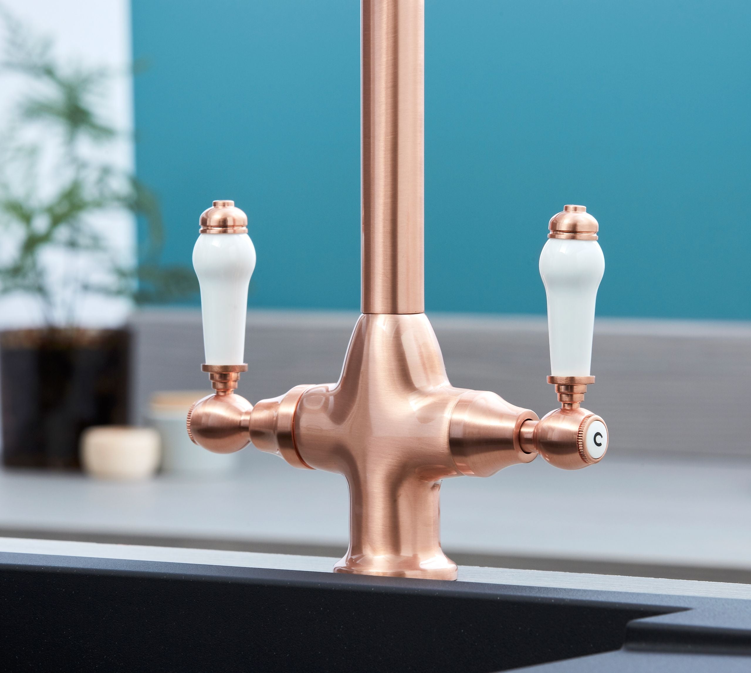 Imperial Twin Lever Traditional Style Swan Neck Mono Bloc Kitchen Tap - Copper with White Handles