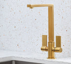 Ayton Mono Bloc with twin Flat Handles and Square spout - Brushed Brass