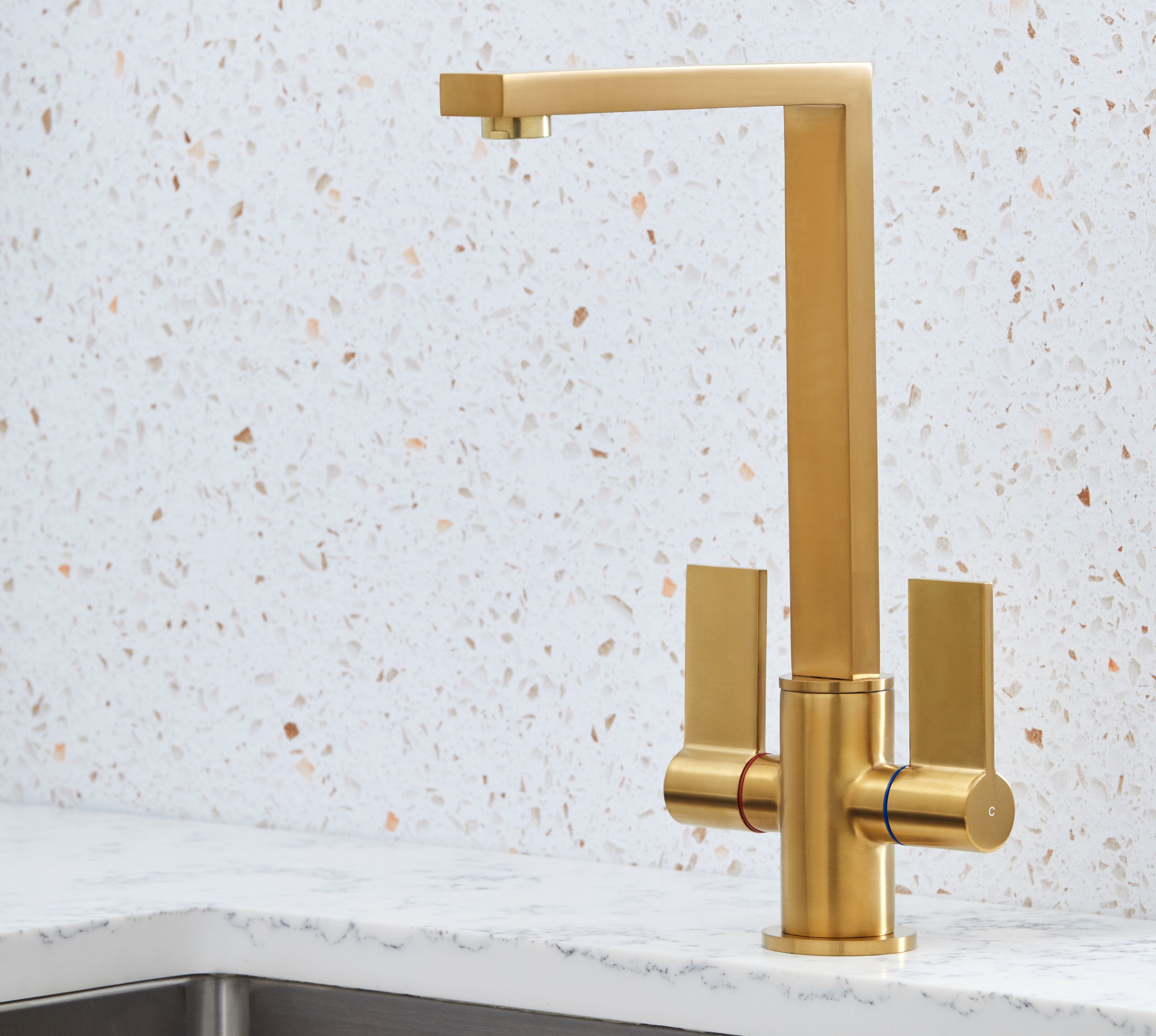 Ayton Mono Bloc with twin Flat Handles and Square spout - Brushed Brass