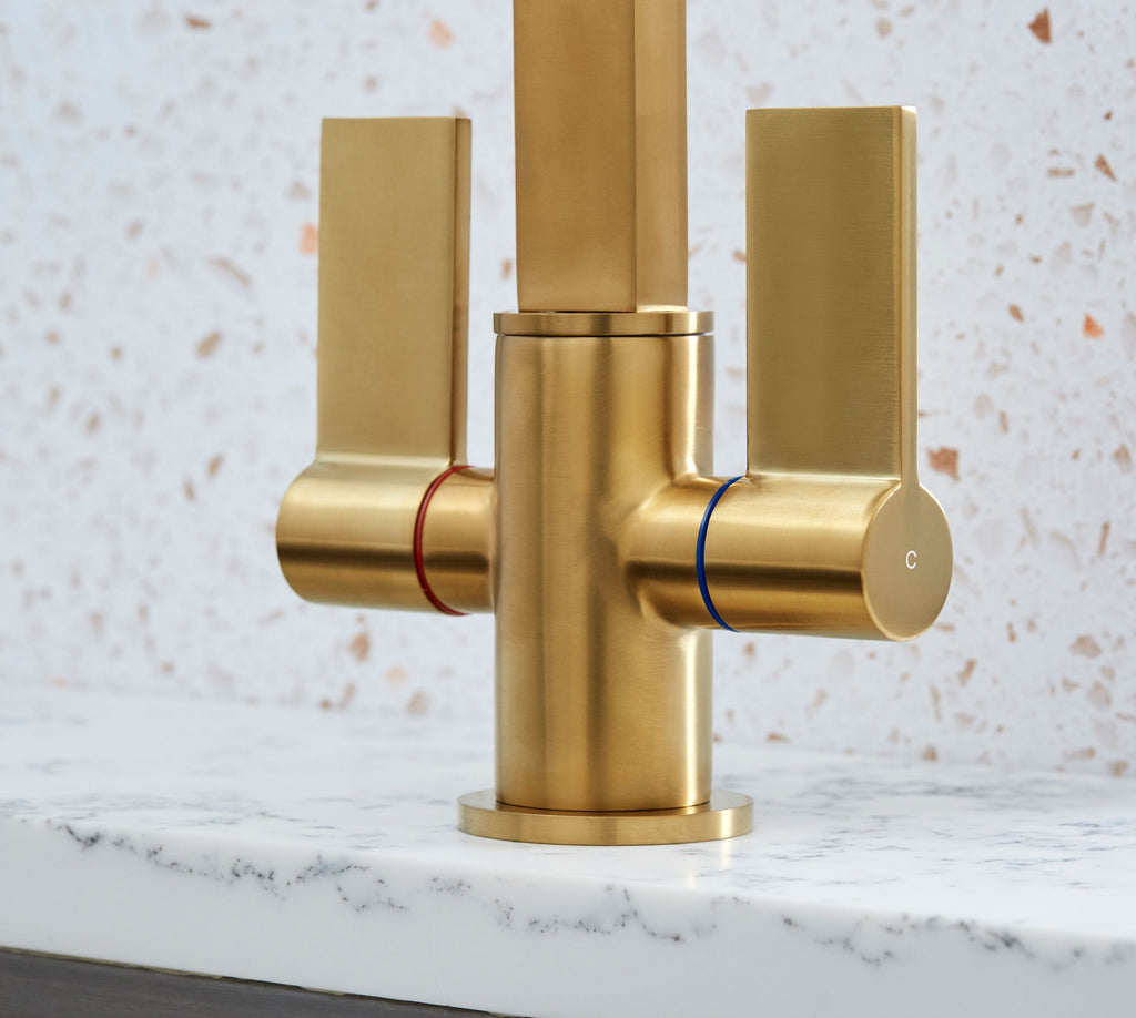 Ayton Mono Bloc with twin Flat Handles and Square spout - Brushed Brass
