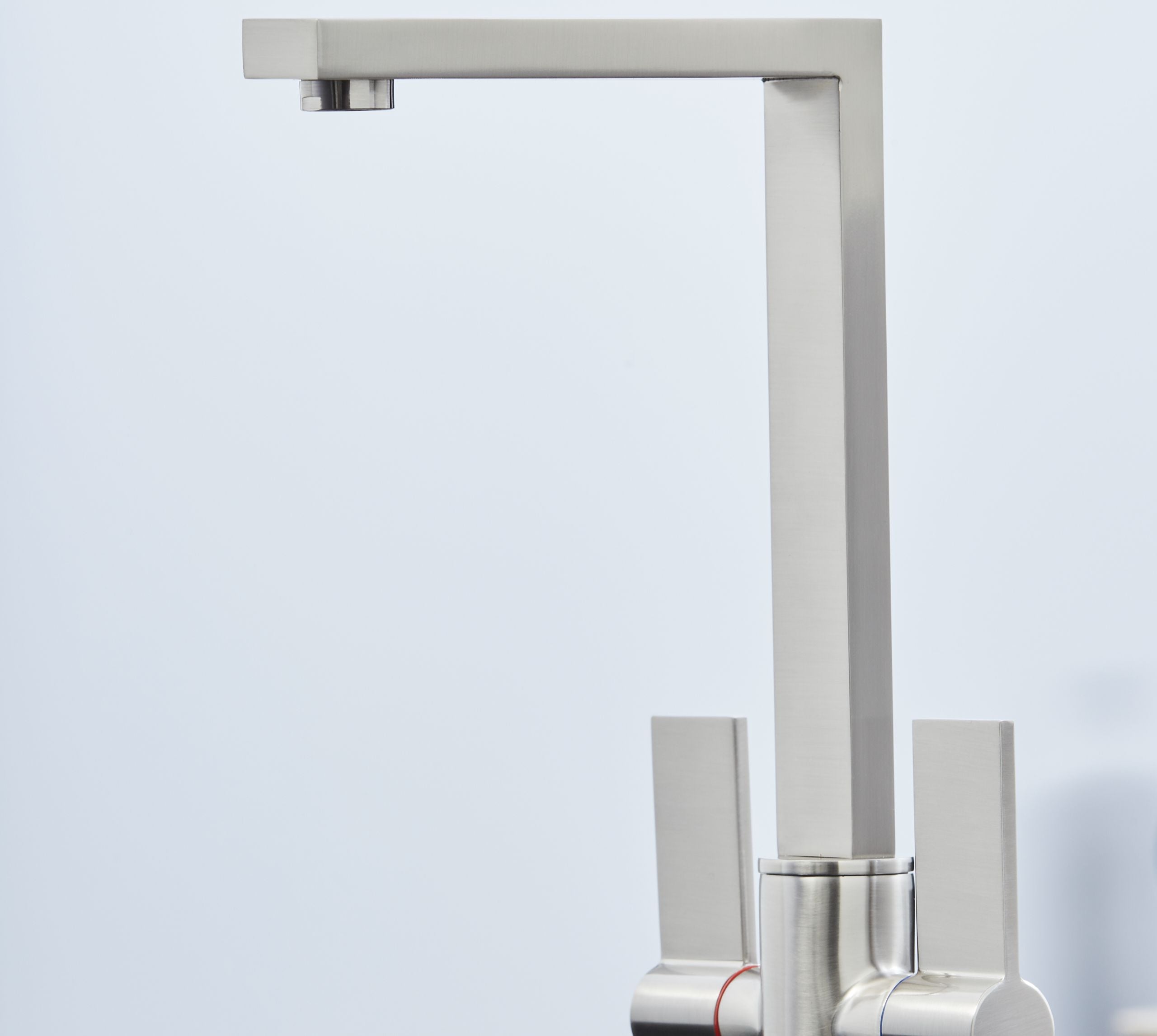 Ayton Mono Bloc with twin Flat Handles and Square spout - Brushed Nickel