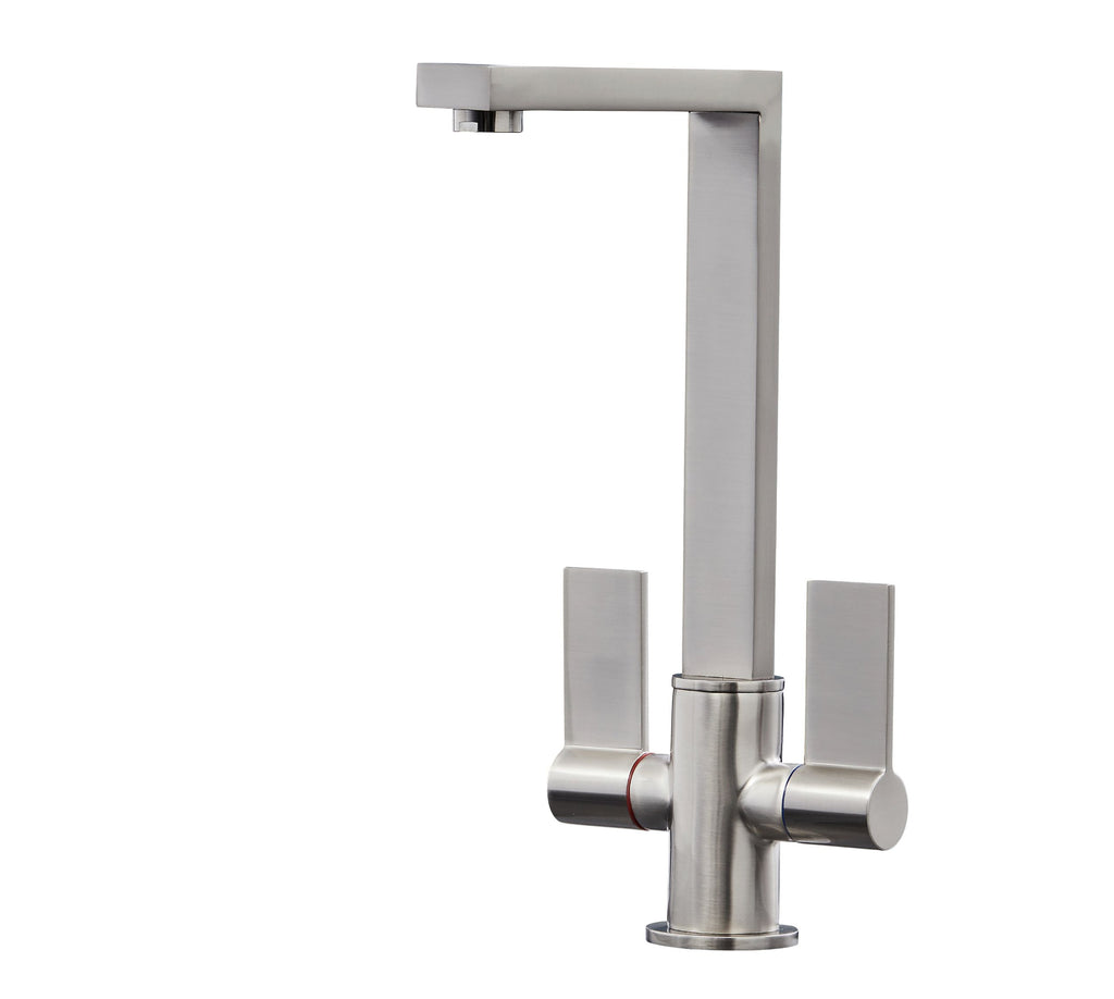 Ayton Mono Bloc with twin Flat Handles and Square spout - Brushed Nickel
