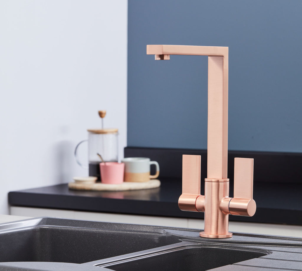 Ayton Mono Bloc Twin Flat Lever with Square Spout - Copper