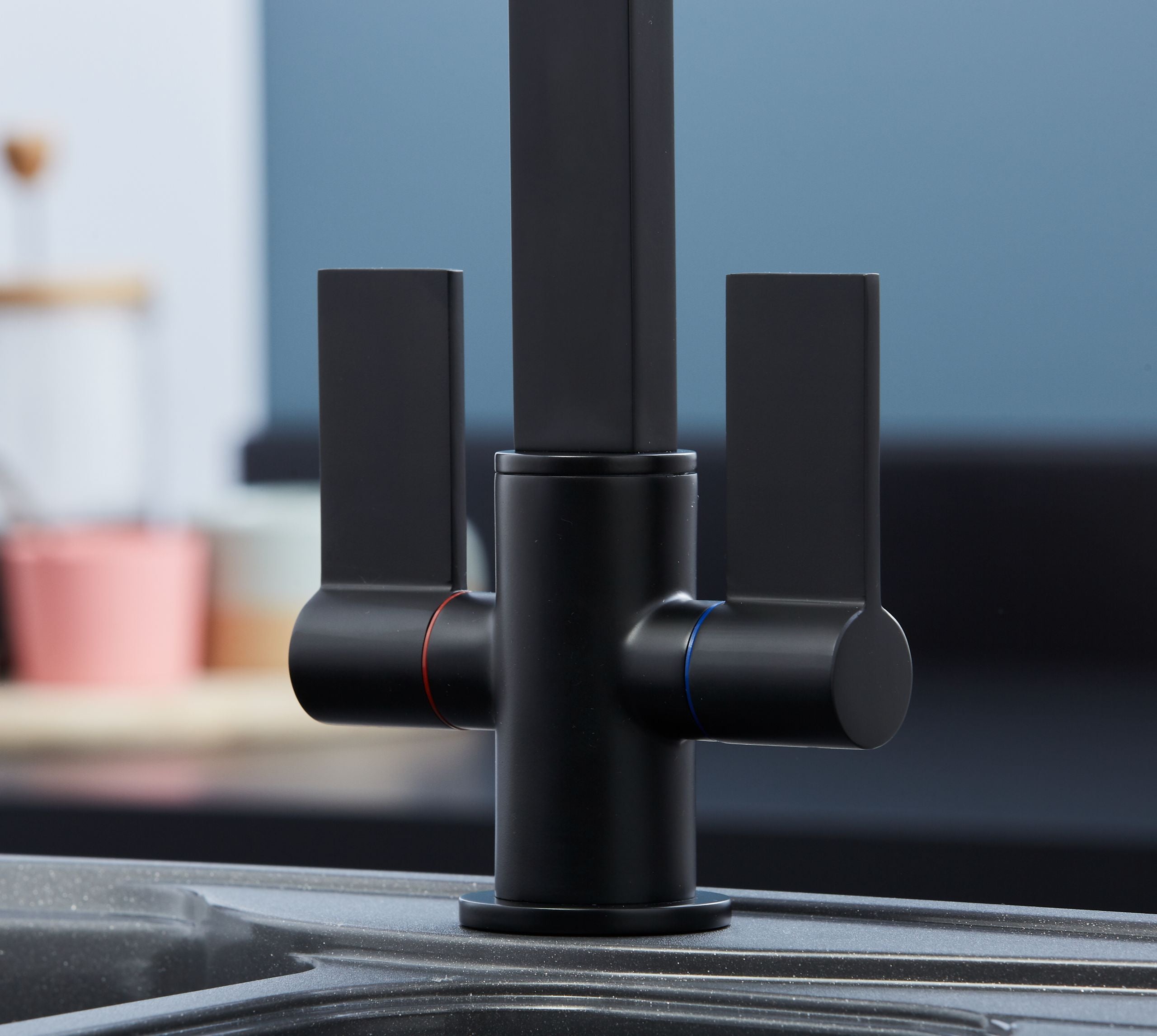 Ayton Mono Bloc Twin Flat Lever with Square Spout - Matt Black