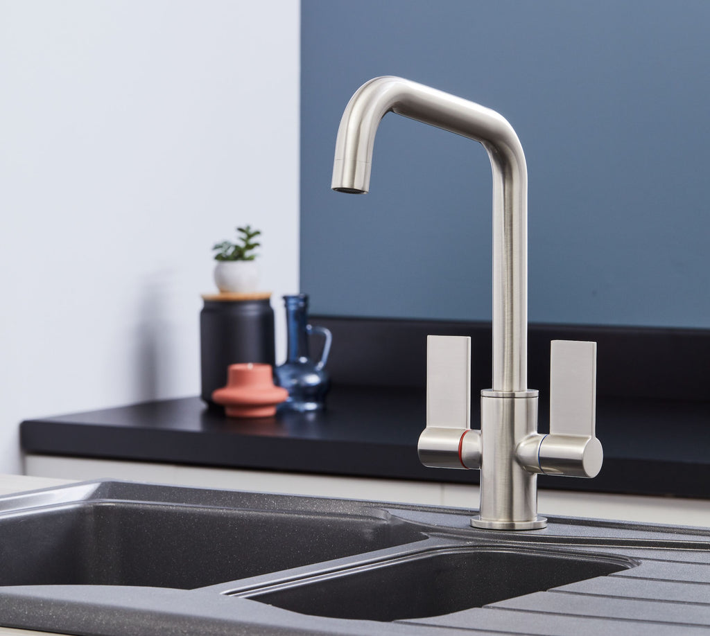 Malton Mono Bloc Twin Flat Lever Handles with Round D shape Spout - Brushed Nickel