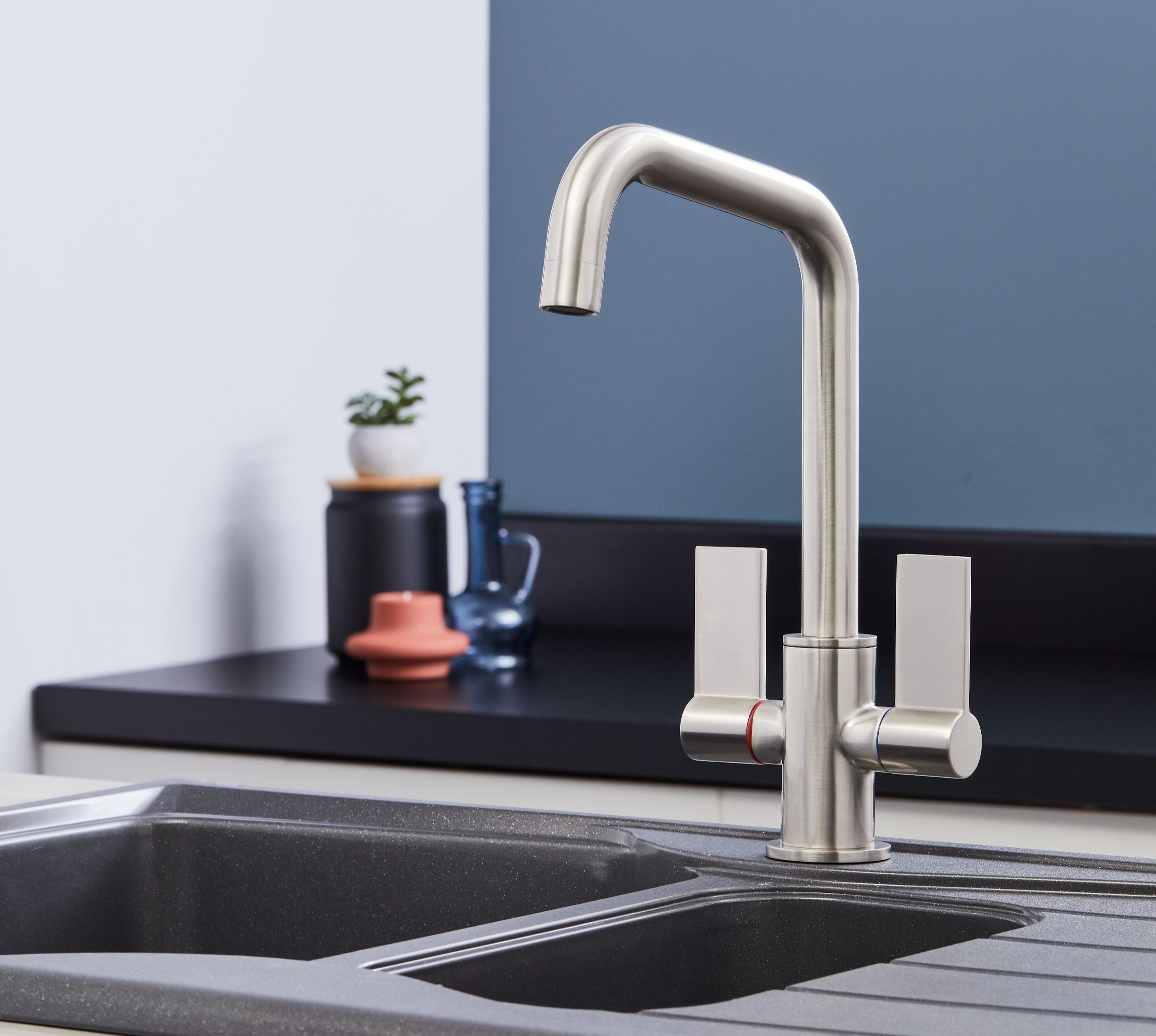 Malton Mono Bloc Twin Flat Lever Handles with Round D shape Spout - Brushed Nickel