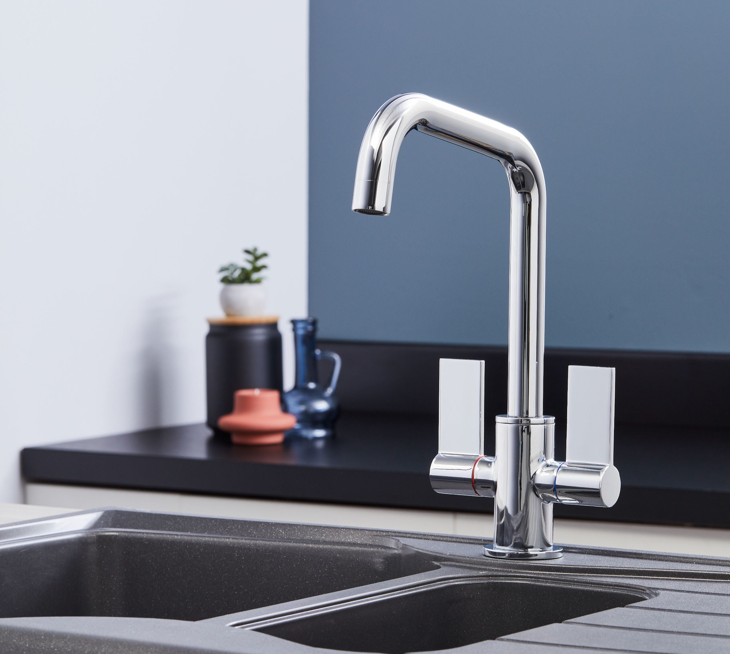 Malton Mono Bloc Flat Twin Lever Handles with Round D shaped Spout - Chrome