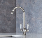 Imperial Twin Lever Traditional Style Swan Neck Mono Bloc Tap - Brushed Nickel with White Levers
