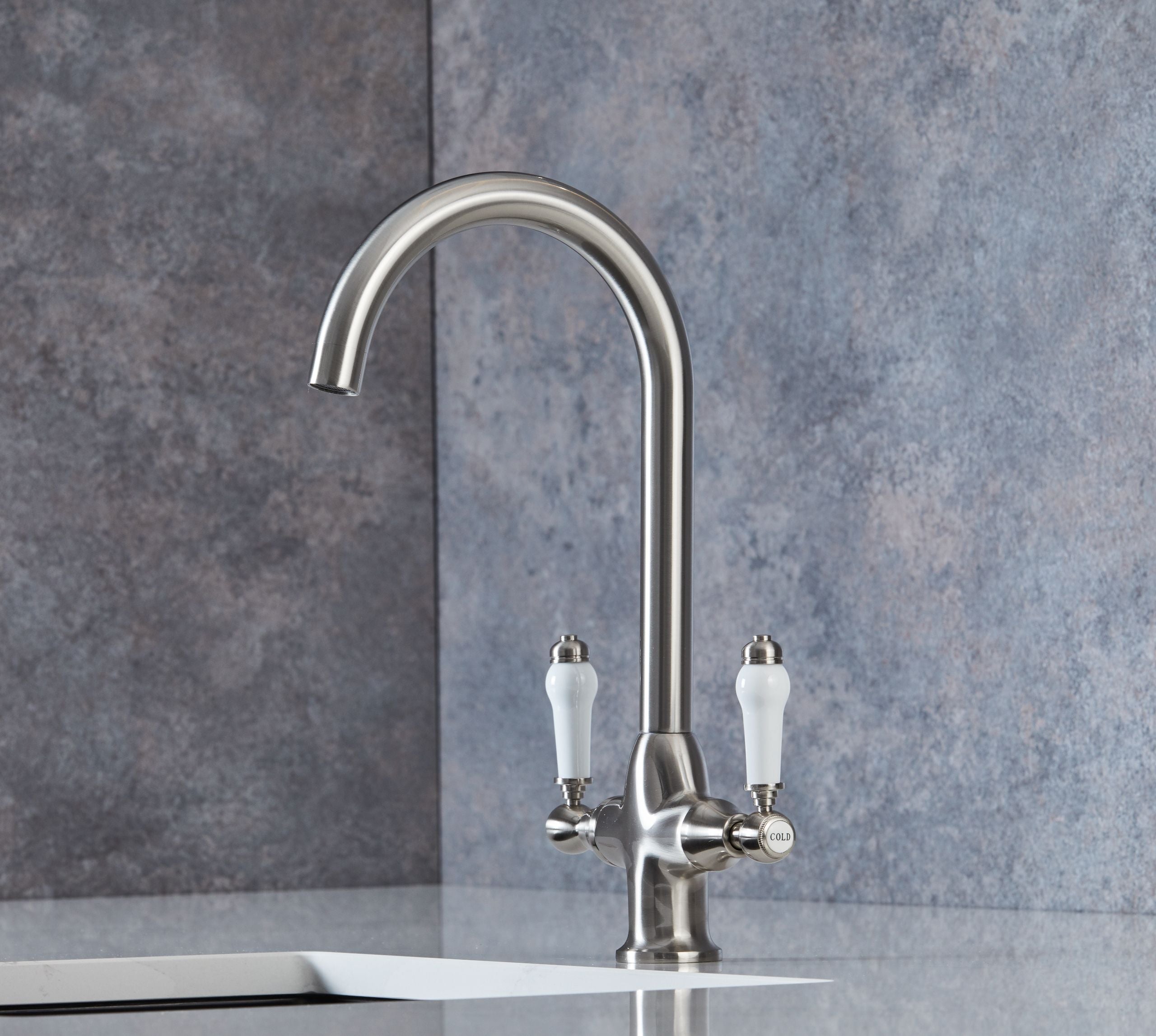 Imperial Twin Lever Traditional Style Swan Neck Mono Bloc Tap - Brushed Nickel with White Levers