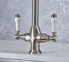 Imperial Twin Lever Traditional Style Swan Neck Mono Bloc Tap - Brushed Nickel with White Levers