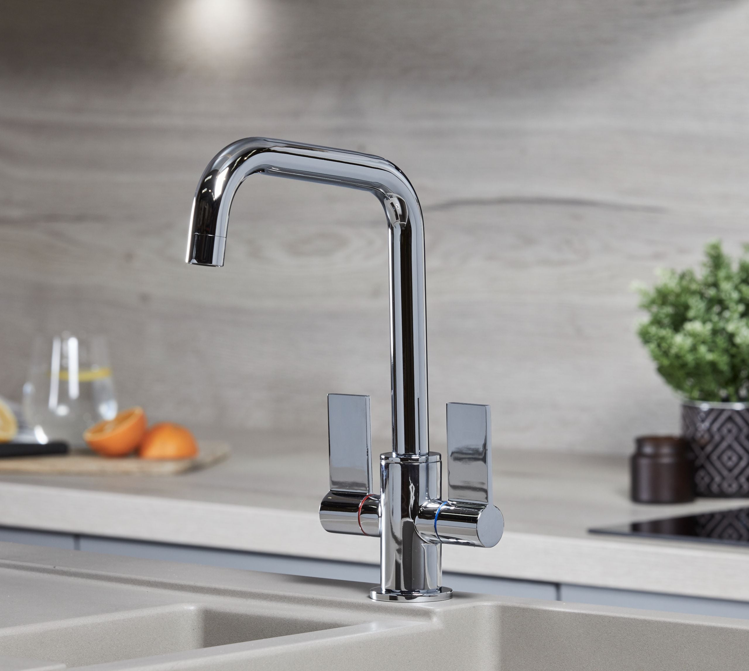 Malton Mono Bloc Flat Twin Lever Handles with Round D shaped Spout - Chrome