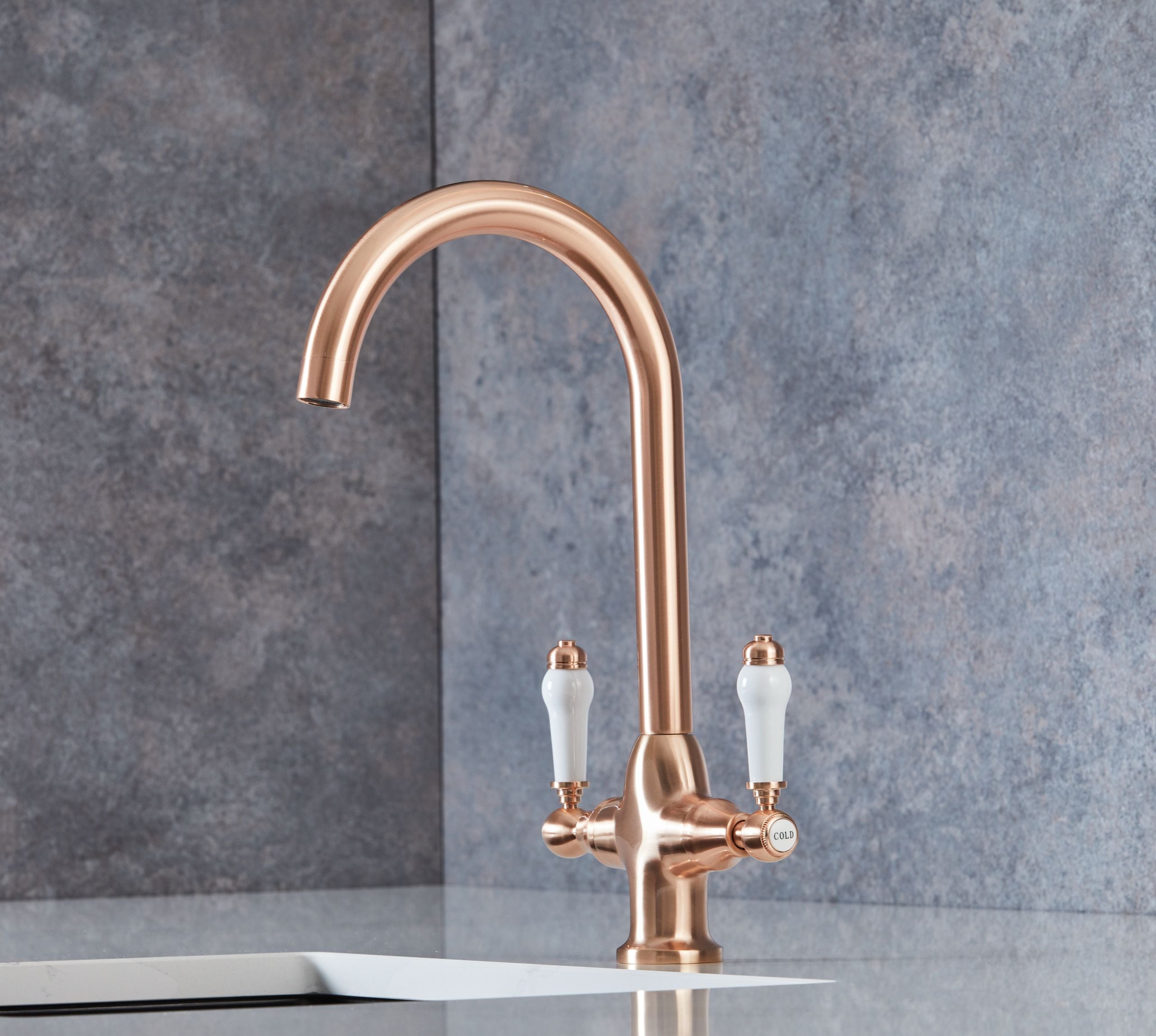 Imperial Twin Lever Traditional Style Swan Neck Mono Bloc Kitchen Tap - Copper with White Handles