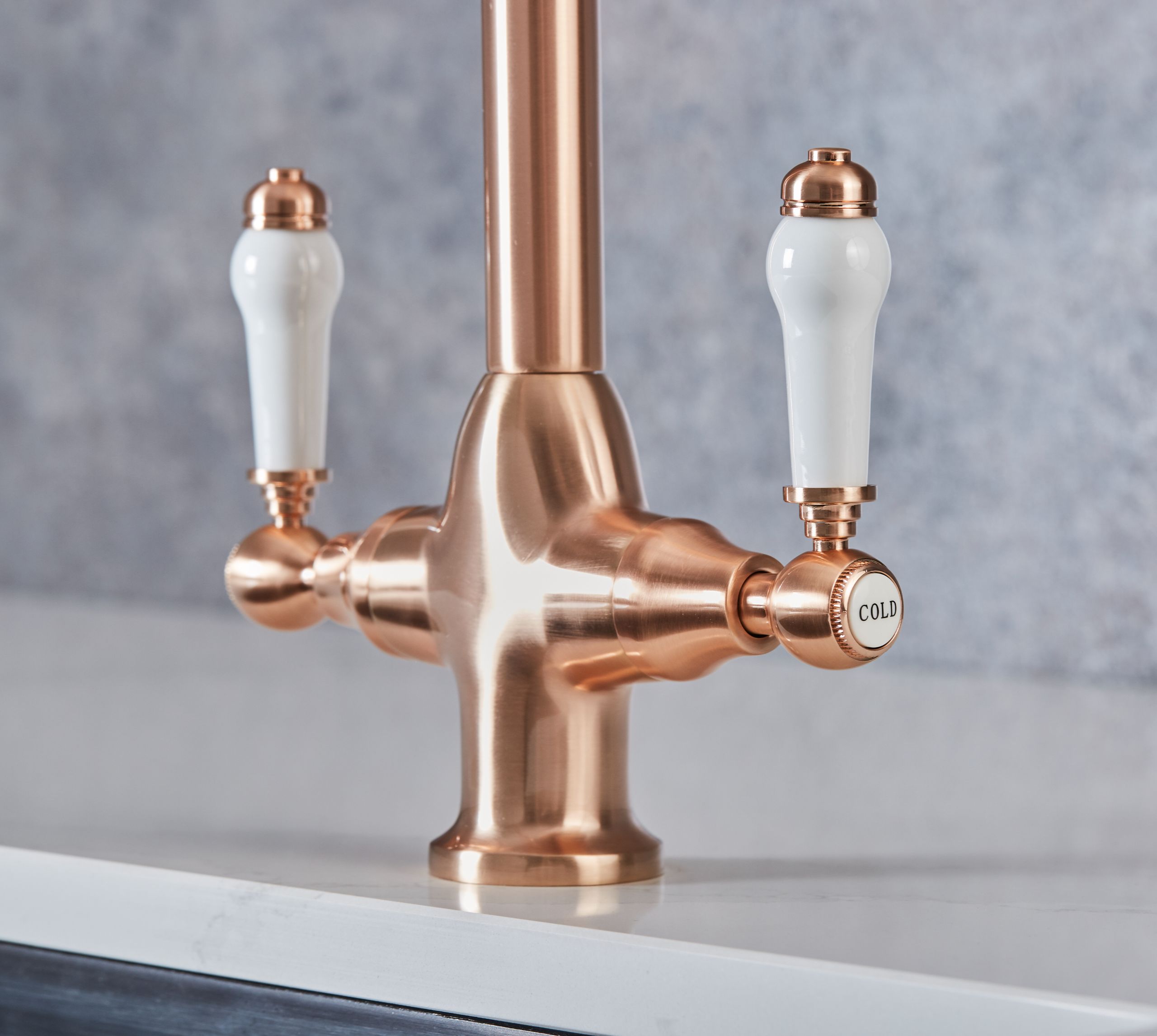 Imperial Twin Lever Traditional Style Swan Neck Mono Bloc Kitchen Tap - Copper with White Handles