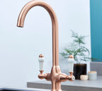 Imperial Twin Lever Traditional Style Swan Neck Mono Bloc Kitchen Tap - Copper with White Handles