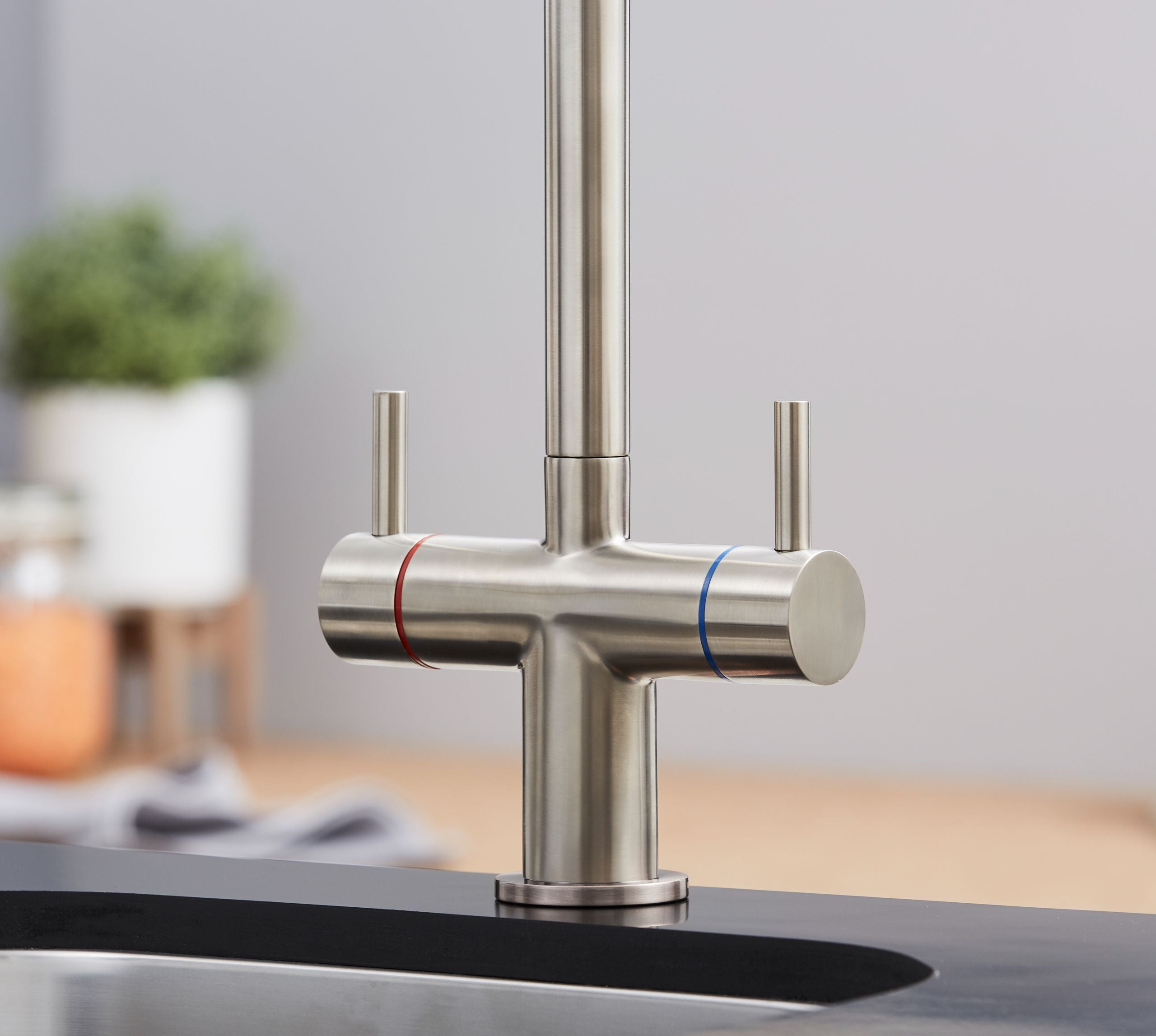 Shannon Twin Lever Swan Neck Mono Bloc Tap - Brushed Nickel