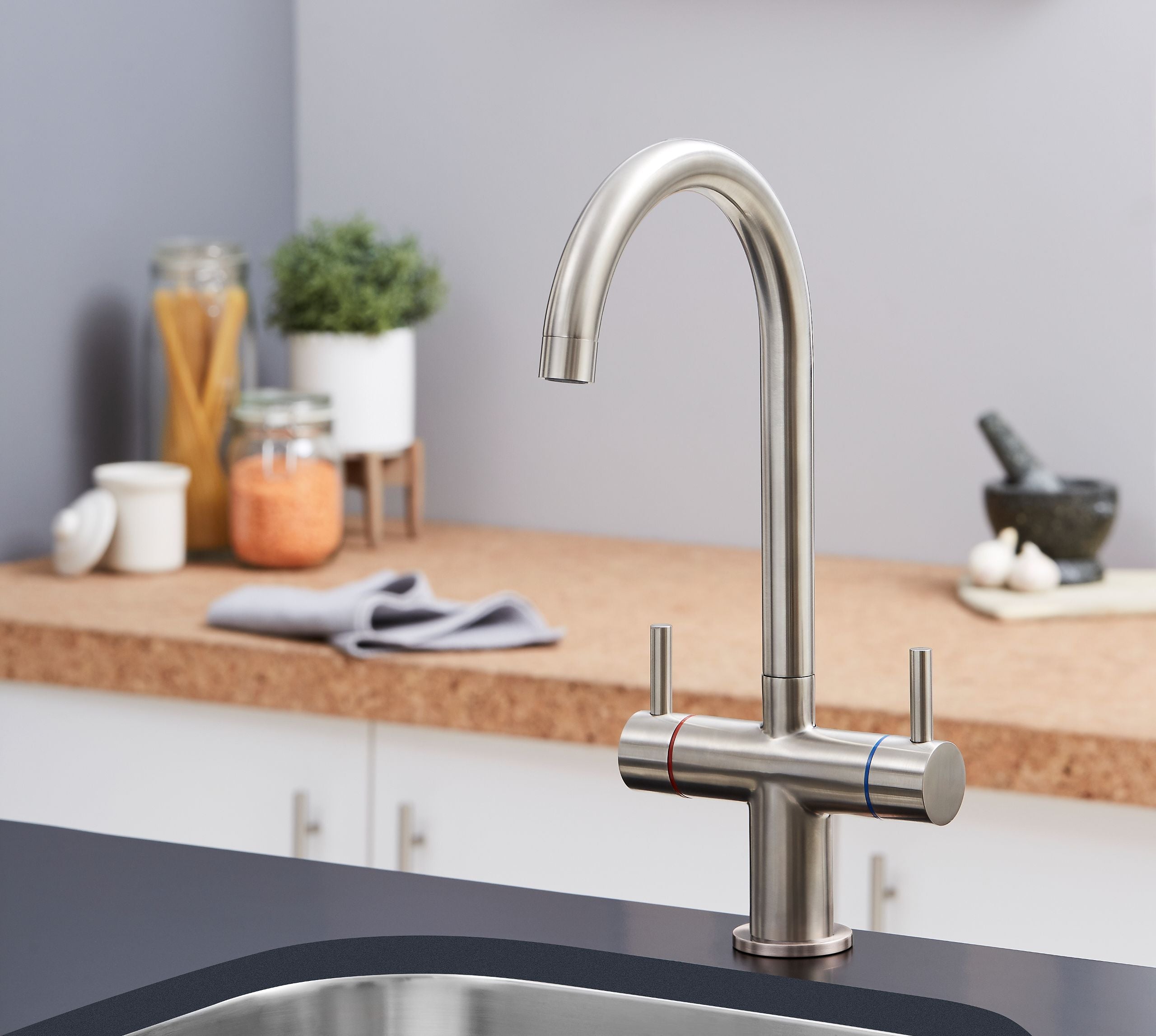 Shannon Twin Lever Swan Neck Mono Bloc Tap - Brushed Nickel