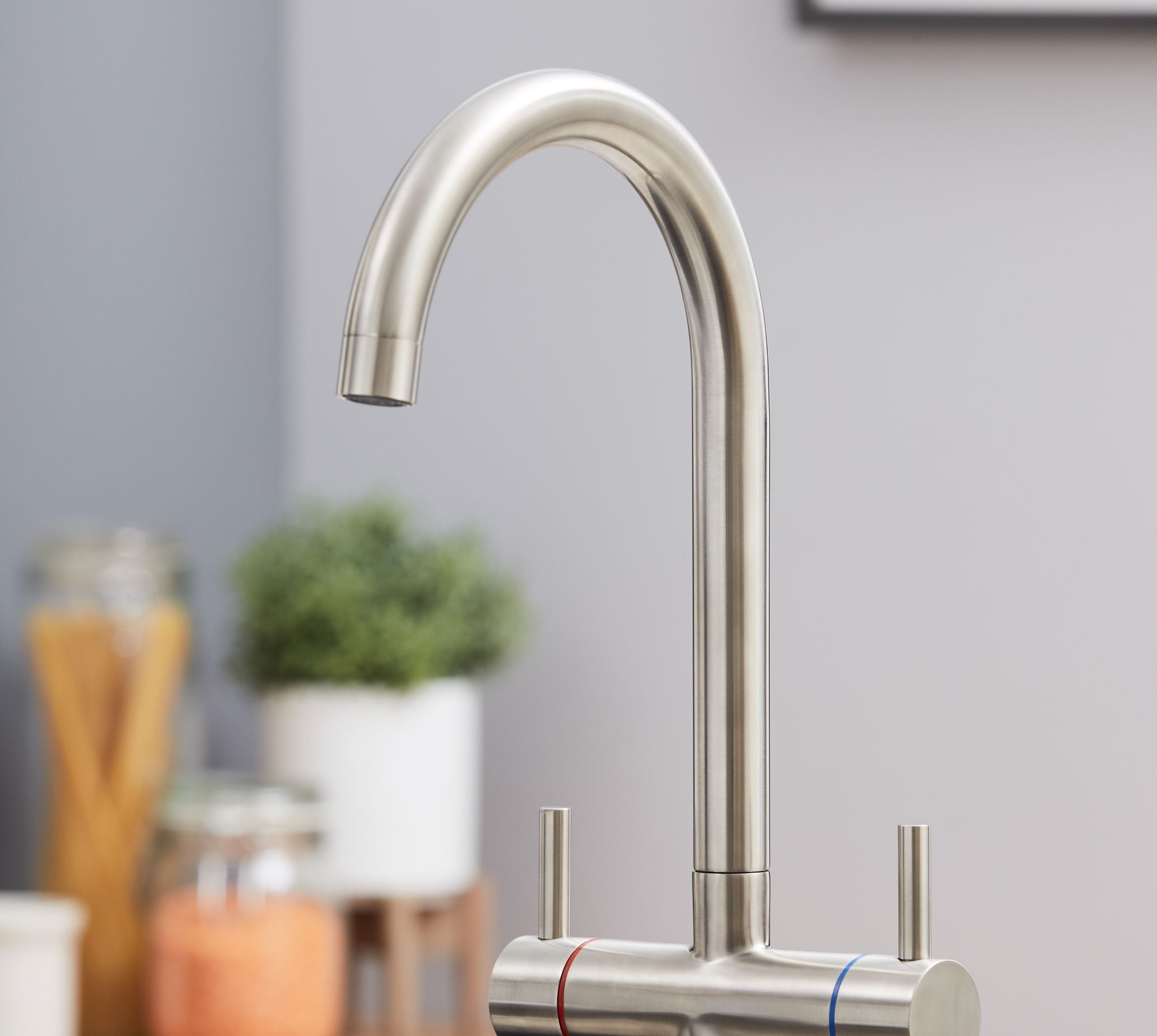 Shannon Twin Lever Swan Neck Mono Bloc Tap - Brushed Nickel