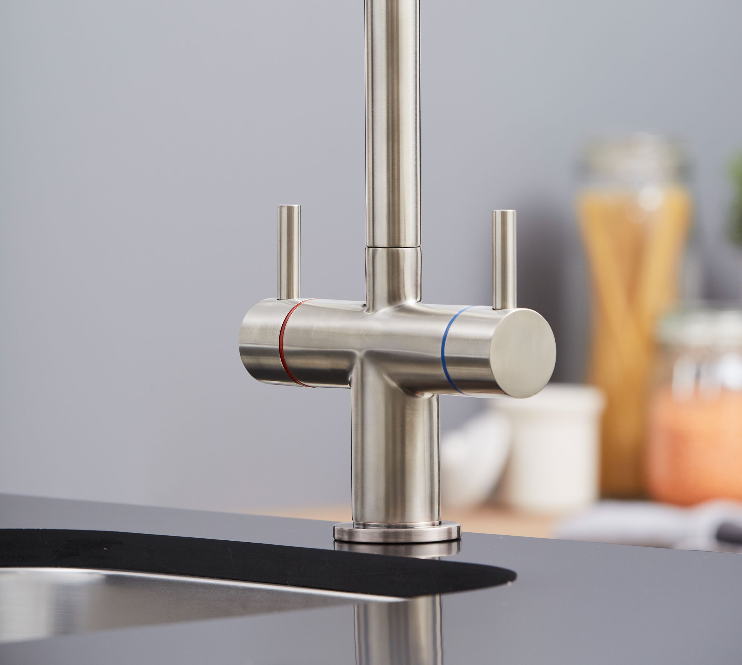 Shannon Twin Lever Swan Neck Mono Bloc Tap - Brushed Nickel