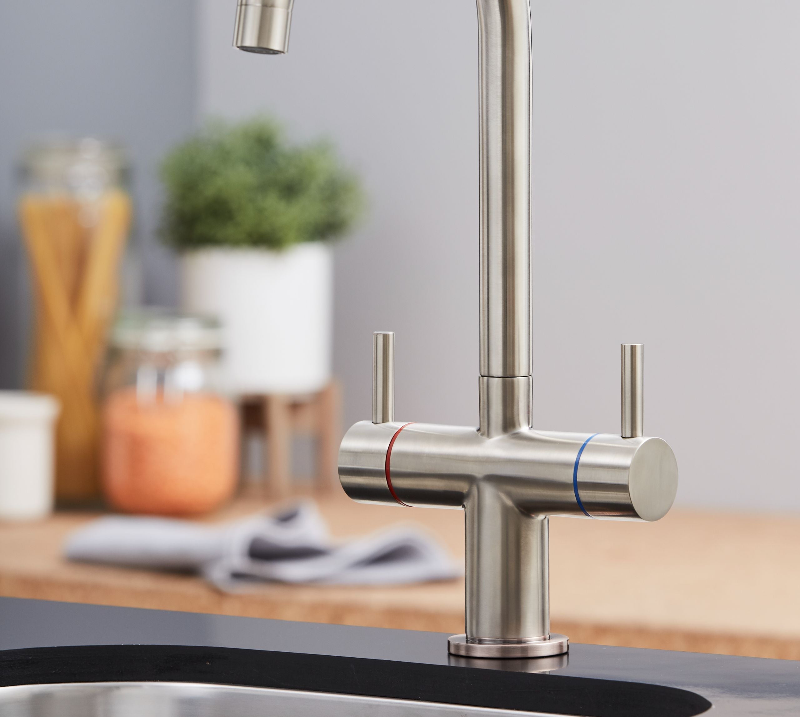 Shannon Twin Lever Swan Neck Mono Bloc Tap - Brushed Nickel