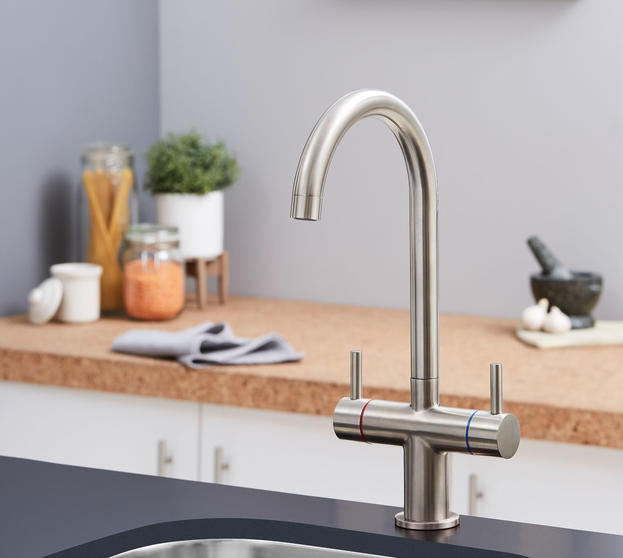 Shannon Twin Lever Swan Neck Mono Bloc Tap - Brushed Nickel