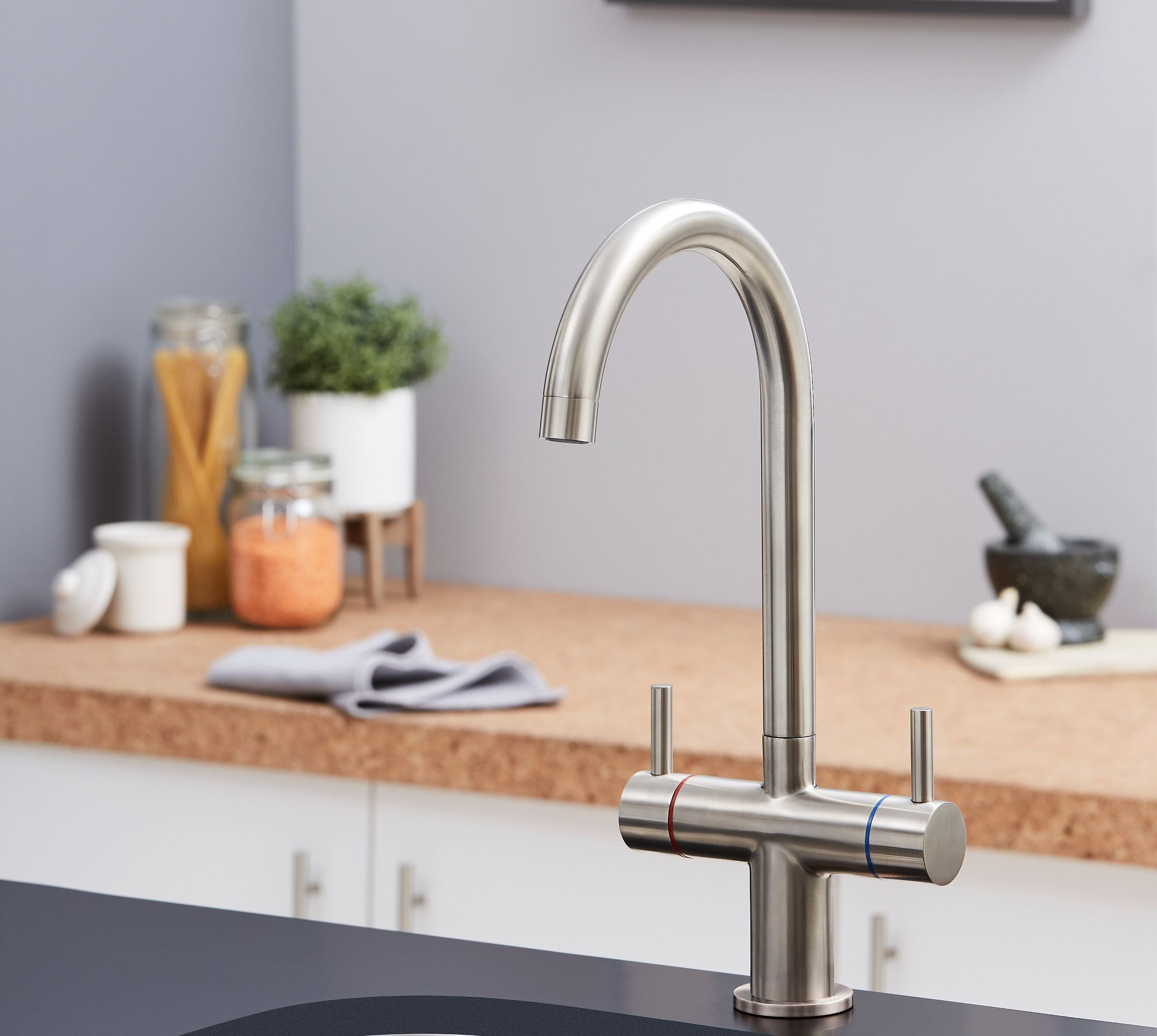 Shannon Twin Lever Swan Neck Mono Bloc Tap - Brushed Nickel