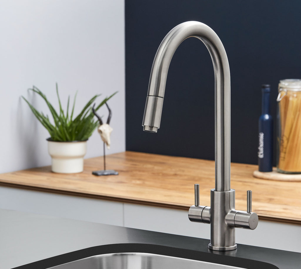 Shannon - Pull Out Twin Handle Swan Neck Mono Bloc Tap - Brushed Nickel