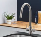 Shannon - Pull Out Twin Handle Swan Neck Mono Bloc Tap - Brushed Nickel