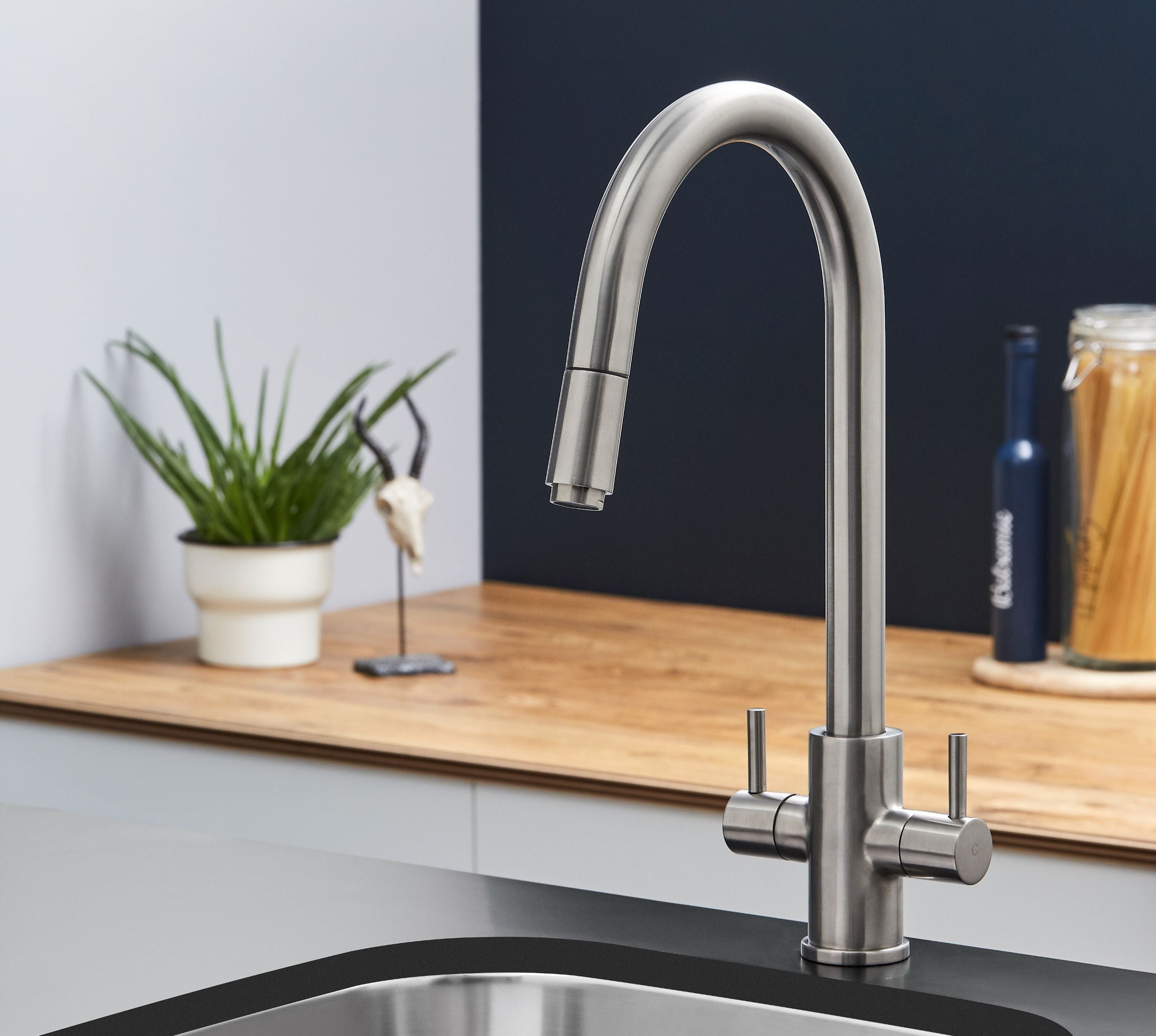 Shannon - Pull Out Twin Handle Swan Neck Mono Bloc Tap - Brushed Nickel