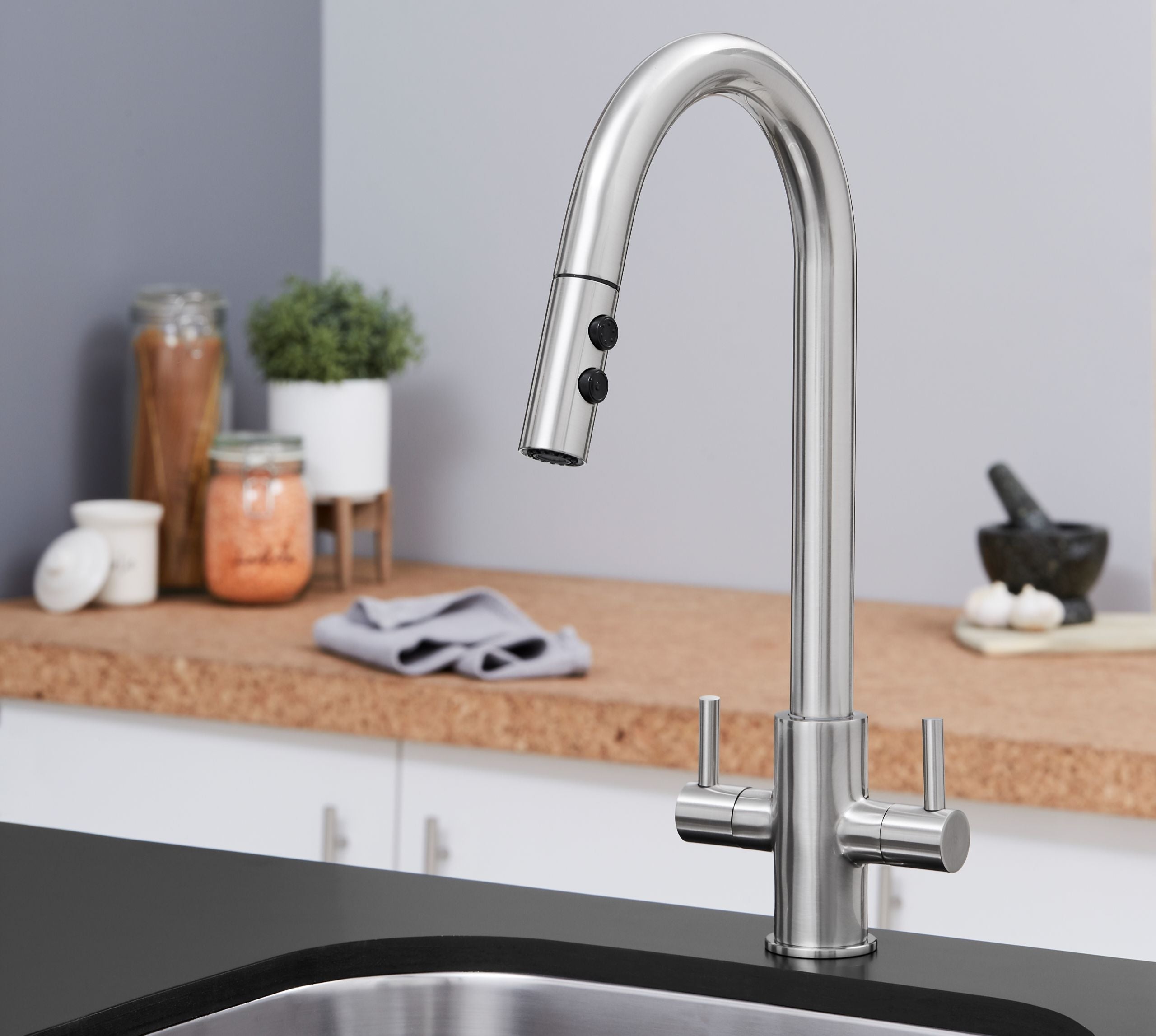 Shannon - Pull Out Twin Handle Swan Neck Mono Bloc Tap - Brushed Nickel