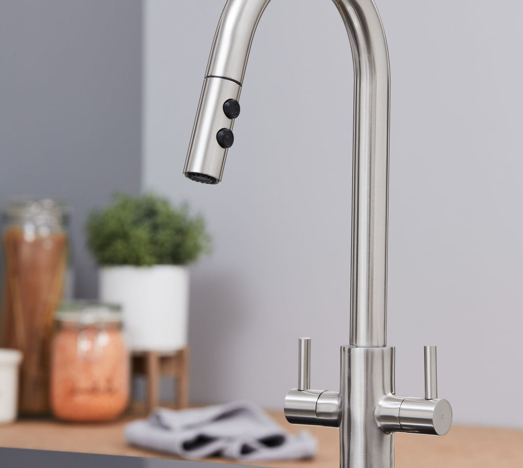 Shannon - Pull Out Twin Handle Swan Neck Mono Bloc Tap - Brushed Nickel