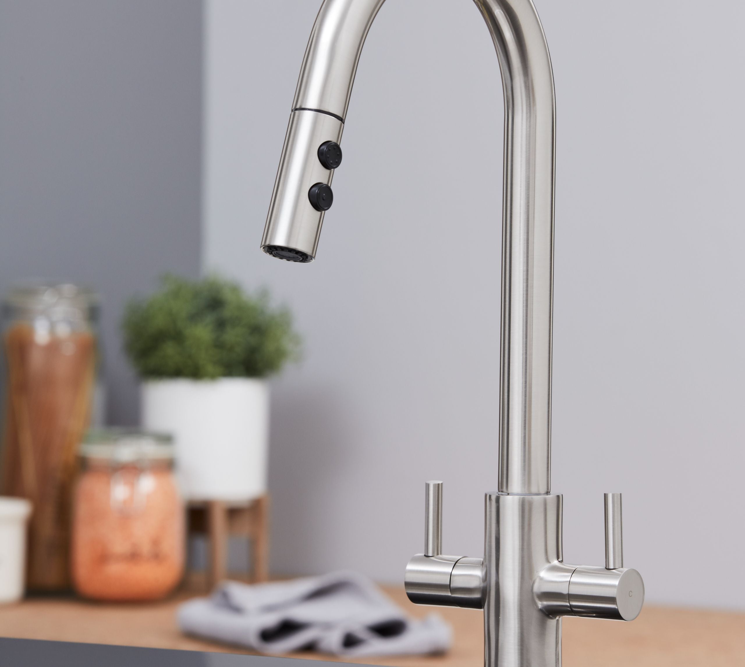 Shannon - Pull Out Twin Handle Swan Neck Mono Bloc Tap - Brushed Nickel