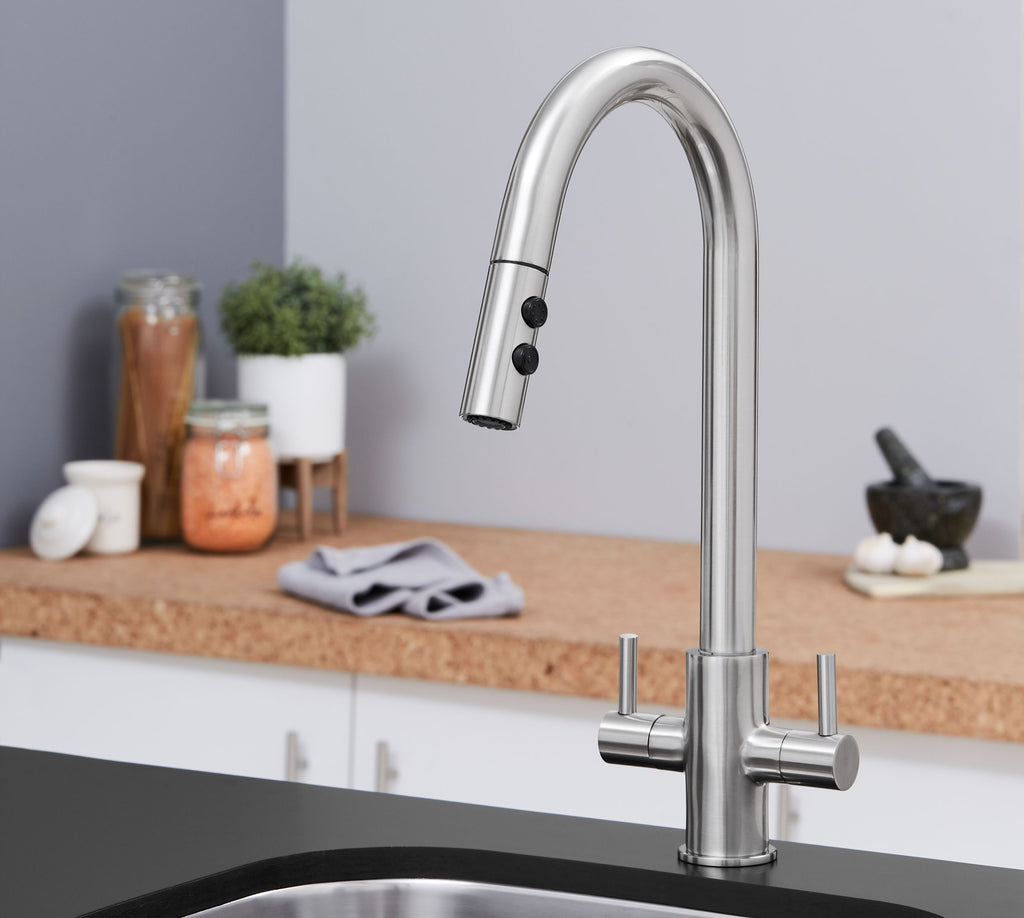 Shannon - Pull Out Twin Handle Swan Neck Mono Bloc Tap - Brushed Nickel